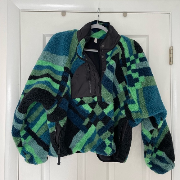 Free people color block pullover fleece. Blue green and black - Picture 1 of 4